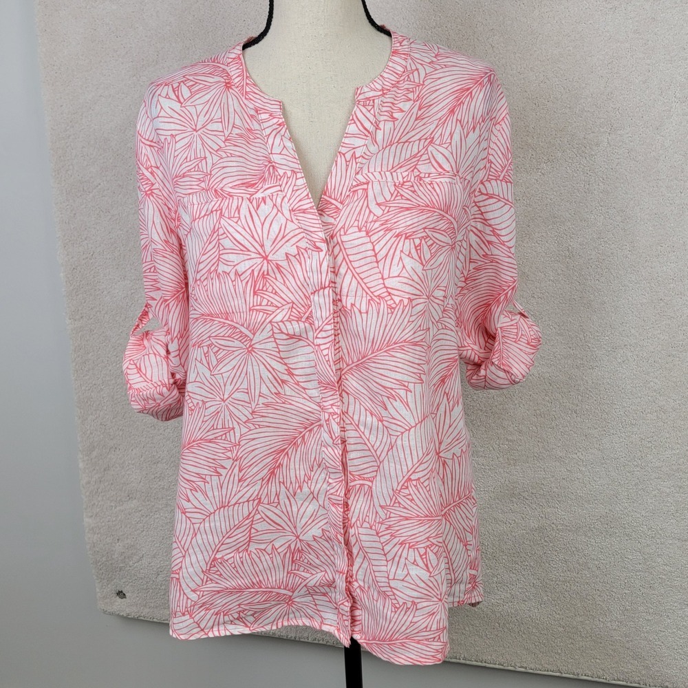 Tommy Bahama Womens M Coral Pink Tropical Leaf 100% Linen Button Up Shirt - Picture 3 of 13